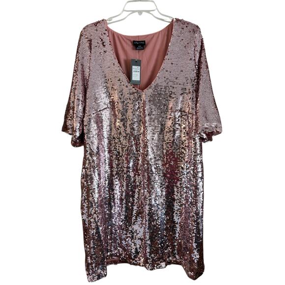 NWT City Chic Sequin Glow Dress Pink Short Sleeve V Neck Short Dress Party 18 - Picture 1 of 5